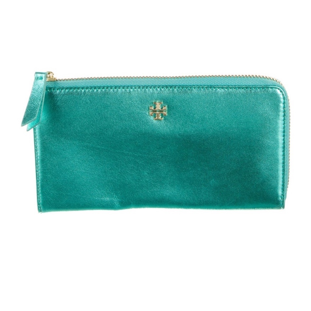Tory Burch metallic blue leather continental wallet / clutch classic summer